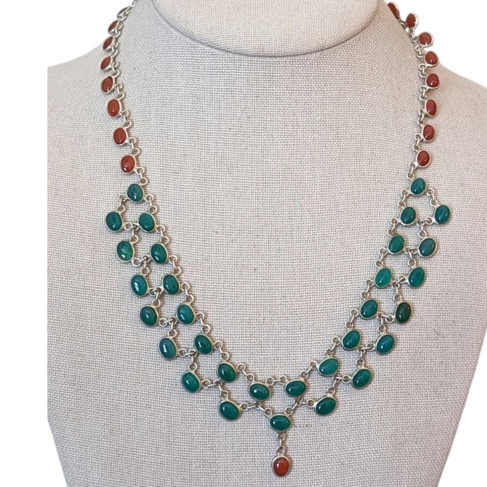 Vtg Green & Red Onyx Cabochons 925 Sterling Silver Collar Hook Clasp Necklace - Picture 11 of 11